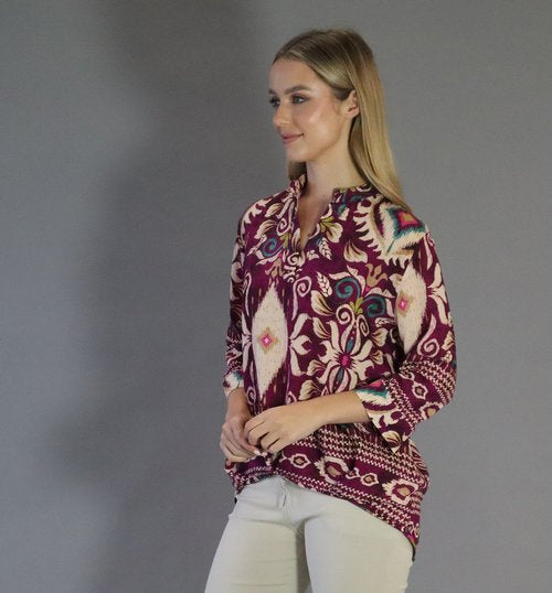 D.E.C.K BY DECOLLAGE IKAT PRINT SHIRT IN MAGENTA