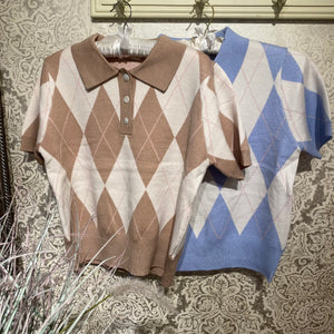 AGATHA SHORT SLEEVE ARGYLE POLO KNIT