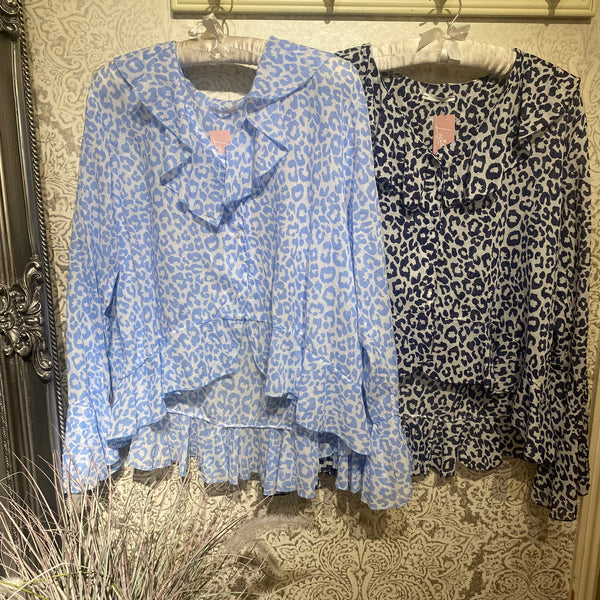 LETTY LEOPARD PRINT FRILL COTTON BLOUSE