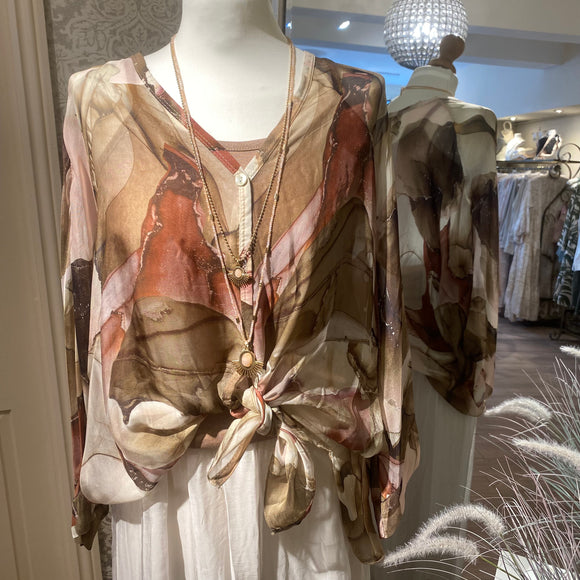 WATERCOLOUR SILK BUTTON FRONT TOP TAUPE