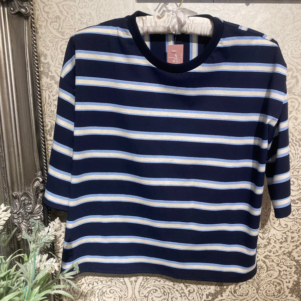 TWO TONE STRIPE TIE BACK T-SHIRT NAVY