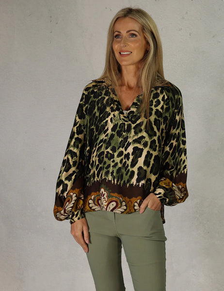 D.E.C.K BY DECOLLAGE ANIMAL SATIN BLOUSE KHAKI