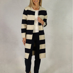 D.E.C.K STRIPED LONGLINE CARDIGAN IN NAVY