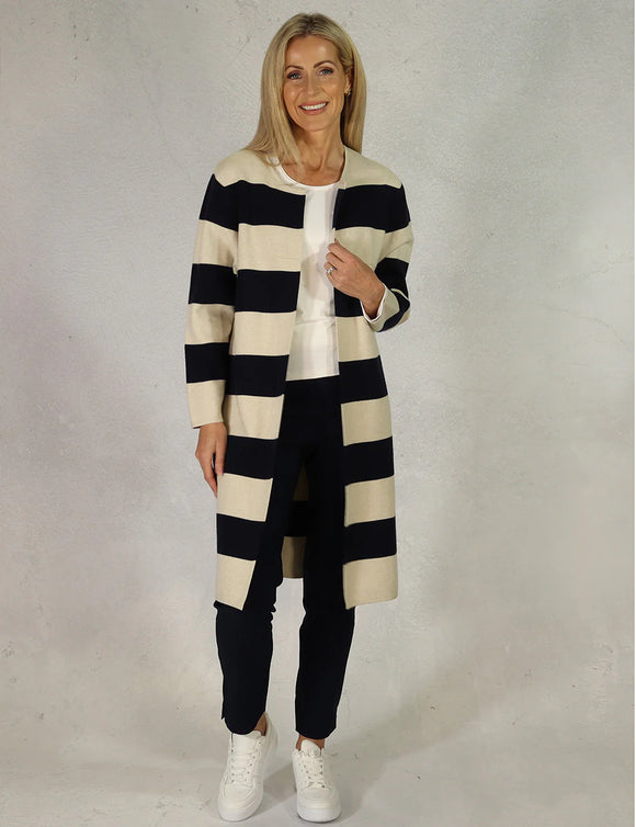 D.E.C.K STRIPED LONGLINE CARDIGAN IN NAVY