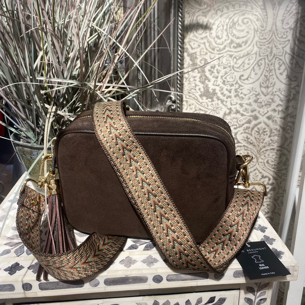 ELIE BEAUMONT BROWN SUEDE BAG WITH CHOC WEAVE STRAP