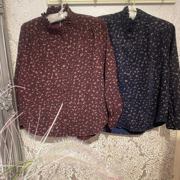 LEOPARD FRILL NECK CORDUROY SHIRT
