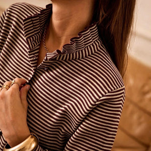 DEB FRILL COLLAR STRIPE CARDIGAN BORDEAUX