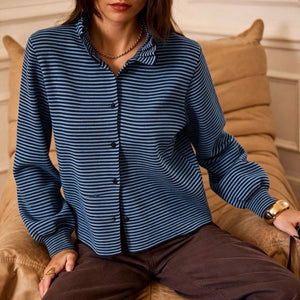 DEB FRILL COLLAR STRIPE CARDIGAN BLUE