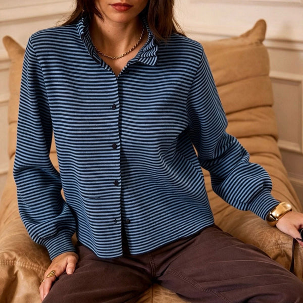 DEB FRILL COLLAR STRIPE CARDIGAN BLUE