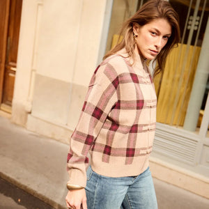 BORDEAUX ZIP FRONT CHECKED CARDIGAN