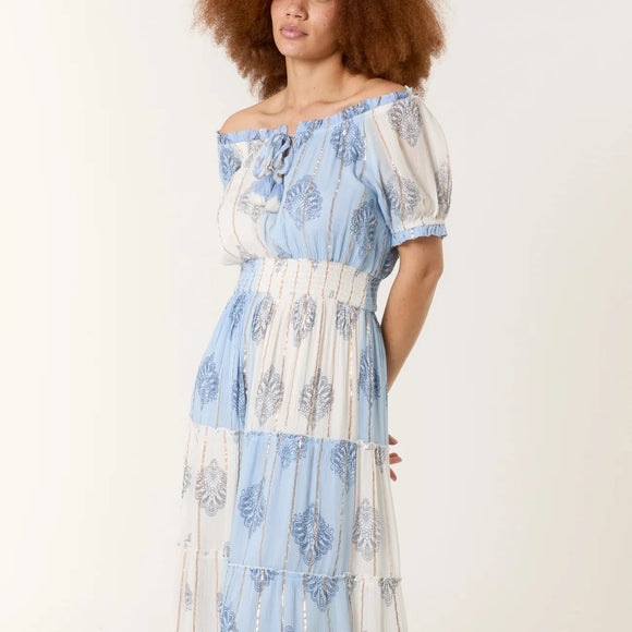 BARDOT GOLD THREAD BOHO DRESS IN BLUE