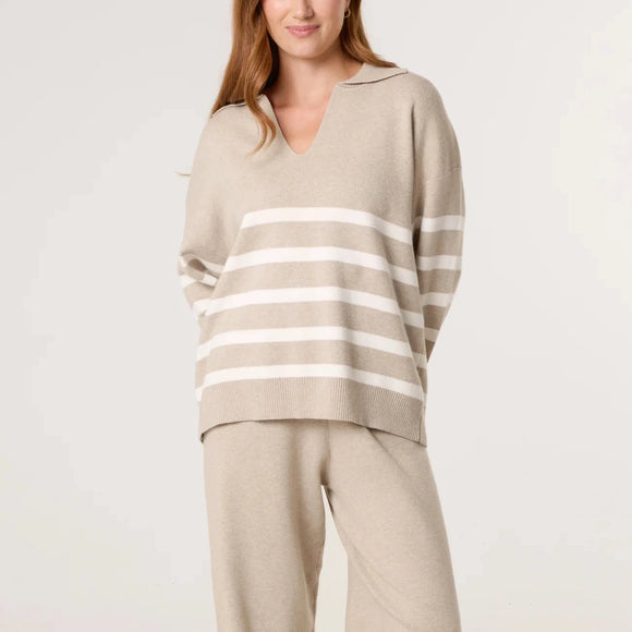OPEN COLLAR STRIPE KNITTED SET