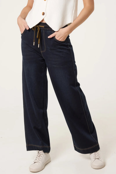 CHORD DRAWSTRING WIDE LEG JEANS