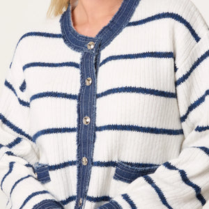 DENIM TRIM KNITTED STRIPED CARDIGAN