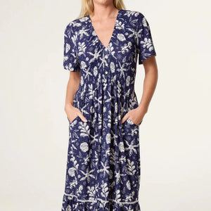 SKETCH FLOWERS SUN DRESS NAVY