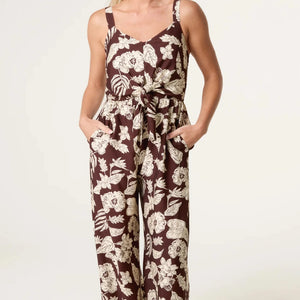 FLORAL PRINT TIE FRONT JUMPSUIT