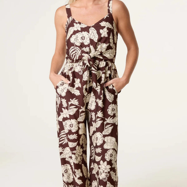 FLORAL PRINT TIE FRONT JUMPSUIT