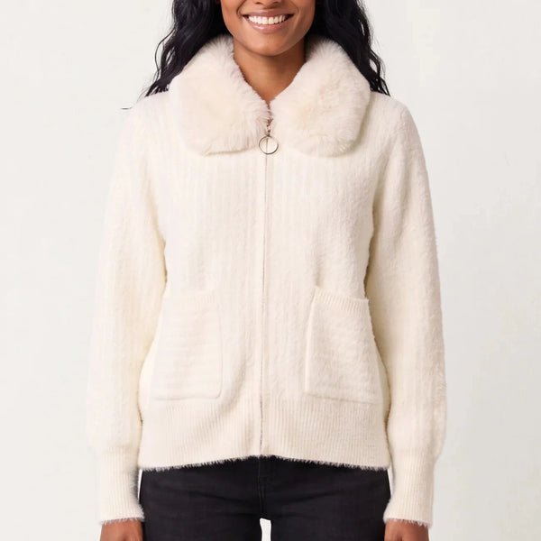 CREAM CABLE FAUX FUR COLLAR CARDIGAN