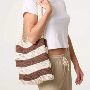MOCHA STRIPE COTTON CROCHET BAG