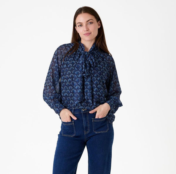 DREAMS FAN PRINT TIE NECK BLOUSE NAVY