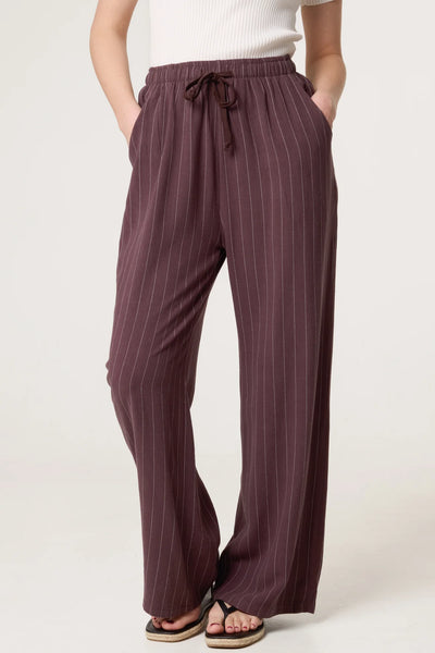 PINSTRIPE LINEN MIX TROUSERS BROWN
