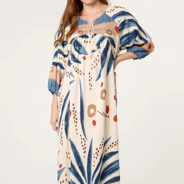 ABSTRACT LEAF PRINT MAXI DRESS BLUE & TAUPE