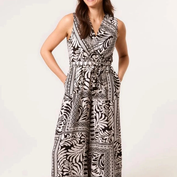 BLACK & CREAM WRAP FRONT JUMPSUIT