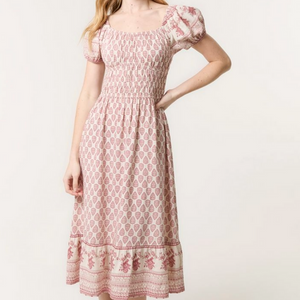 BORDER PRINT PUFF SLEEVE MIDI DRESS ROSE PINK