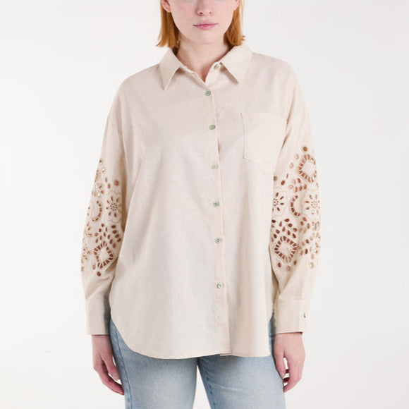 CUT OUT LINEN MIX SHIRT IN LIGHT STONE