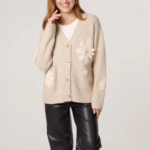 CROCHET EMBELLISHED FLOWER CARDIGAN IN STONE