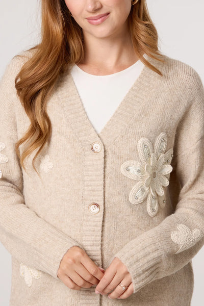 CROCHET EMBELLISHED FLOWER CARDIGAN IN STONE