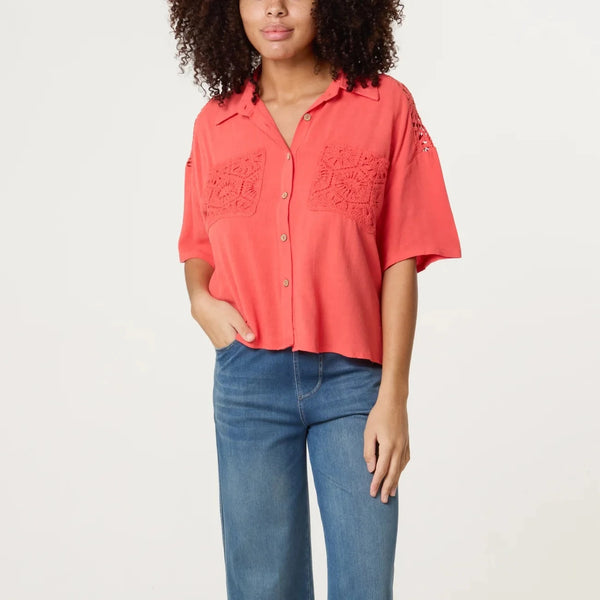 CROCHET POCKET LINEN SHIRT CORAL