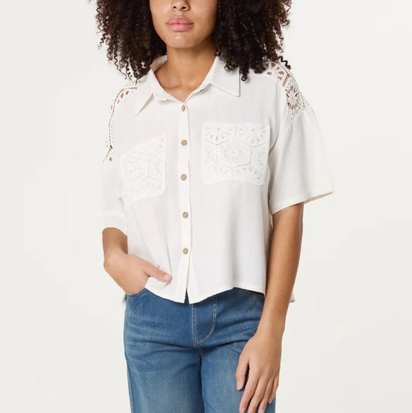 CROCHET POCKET LINEN SHIRT WHITE