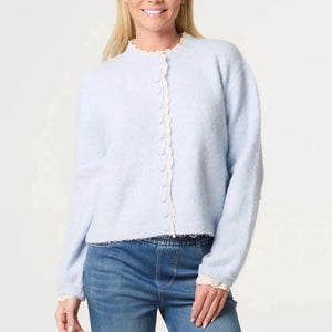 BRODERIE ANGLAISE TRIM FLUFFY CARDIGAN IN BLUE
