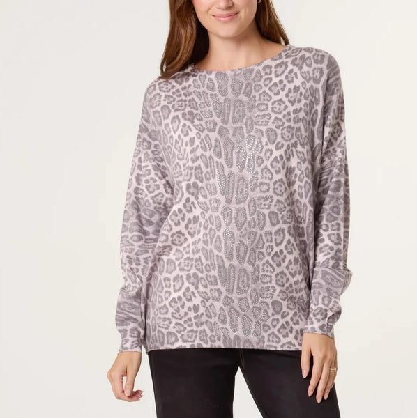 SPARKLE LEOPARD PRINT JUMPER GREY