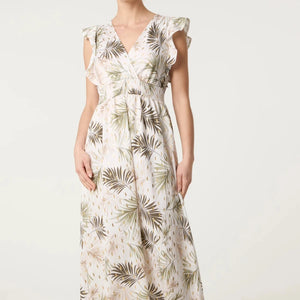 TROPICAL LEAF METALLIC DETAIL DRESS IN KHAKI