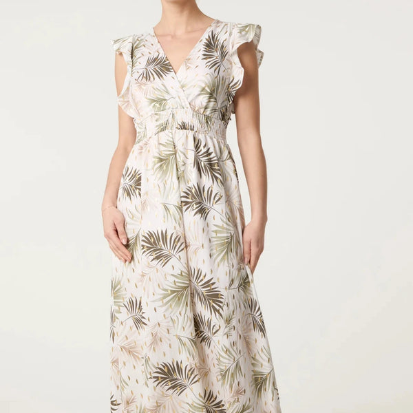 TROPICAL LEAF METALLIC DETAIL DRESS IN KHAKI
