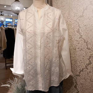DREAMS SILVER EMBROIDERY COLLARLESS SHIRT IN WHITE