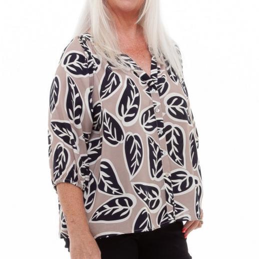 DREAMS MONO LEAF BLOUSE TAUPE/BLACK