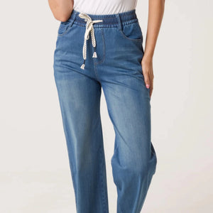 HEART DRAWSTRING WIDE LEG JEANS LIGHT DENIM