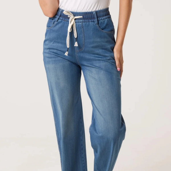 HEART DRAWSTRING WIDE LEG JEANS LIGHT DENIM