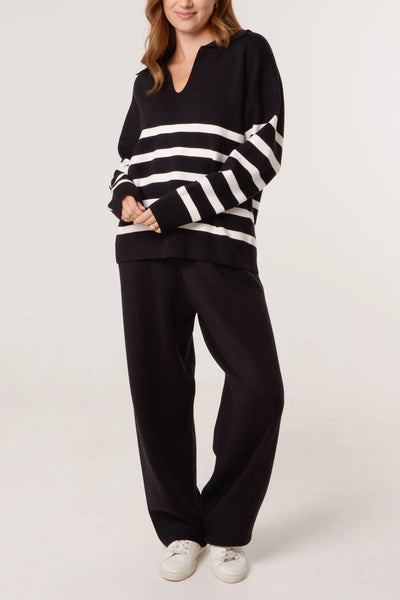 OPEN COLLAR STRIPE KNITTED SET