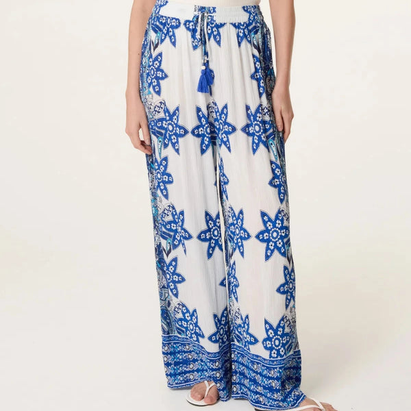SANTORINI BLUE FLOWER WIDE LEG TROUSERS