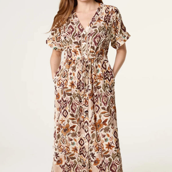 BUTTON FRONT FLORAL PRINT DRESS IN TAUPE