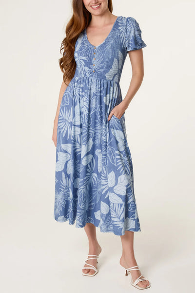 BUTTON FRONT MUTED LEAF DRESS