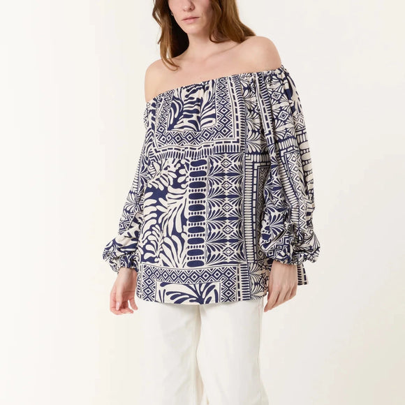 NAVY & CREAM LEAF PRINT BARDOT TOP