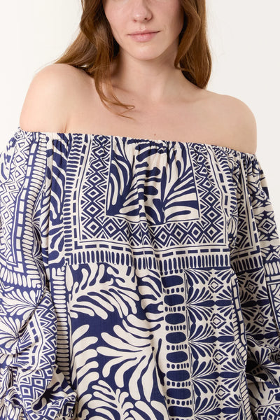 NAVY & CREAM LEAF PRINT BARDOT TOP