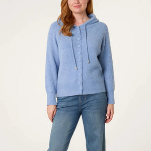 BUTTON FRONT COSY FLUFFY HOODIE DENIM