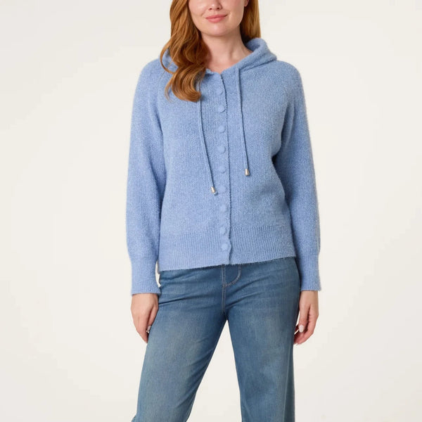 BUTTON FRONT COSY FLUFFY HOODIE DENIM