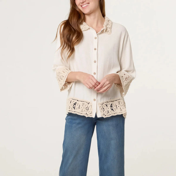 CROCHET COLLAR LINEN BLEND SHIRT BEIGE